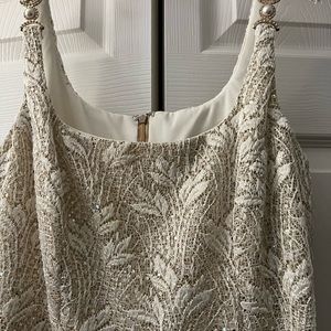 Bari Jay cream lace with gold sequin layer long dress 4 petite.